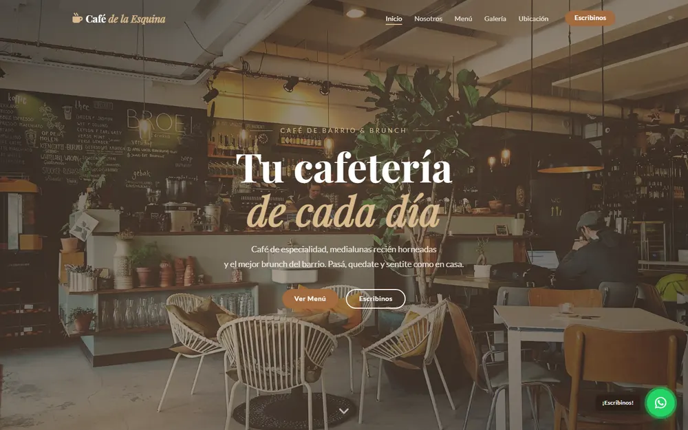 Captura de la web demo de Café de la Esquina, una cafetería de barrio, con el salón del local.