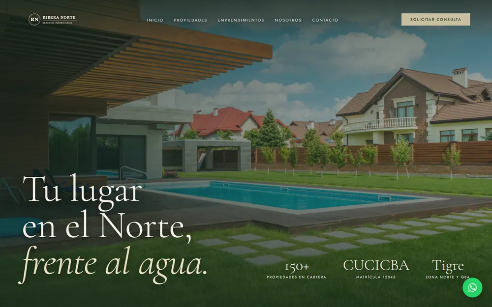 Captura de la web demo de Ribera Norte, negocios inmobiliarios, con una casa con piscina al fondo.